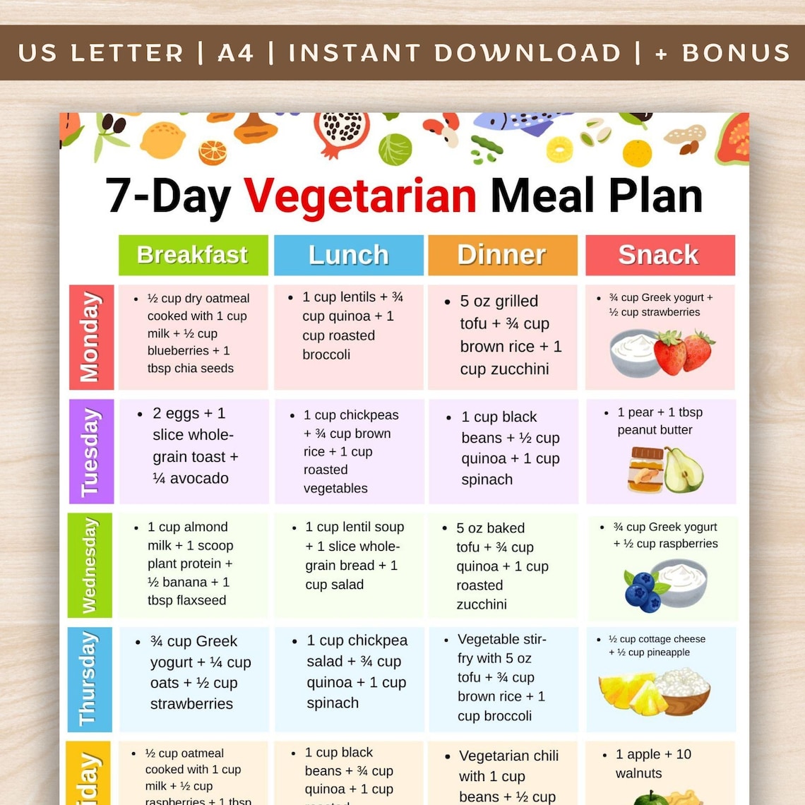 Vegetarian Meal Plan 7 Day, Weekly Vegetarian Diet Food Plan Printable, Vegetarian Plant Based ...