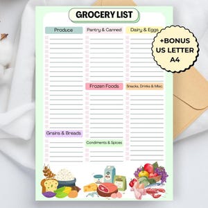 May include: A grocery list notepad with sections for produce, pantry, dairy, frozen foods, snacks, grains, and condiments. The notepad includes the text "GROCERY LIST" and "+BONUS US LETTER A4". Colorful illustrations of food items are at the bottom.