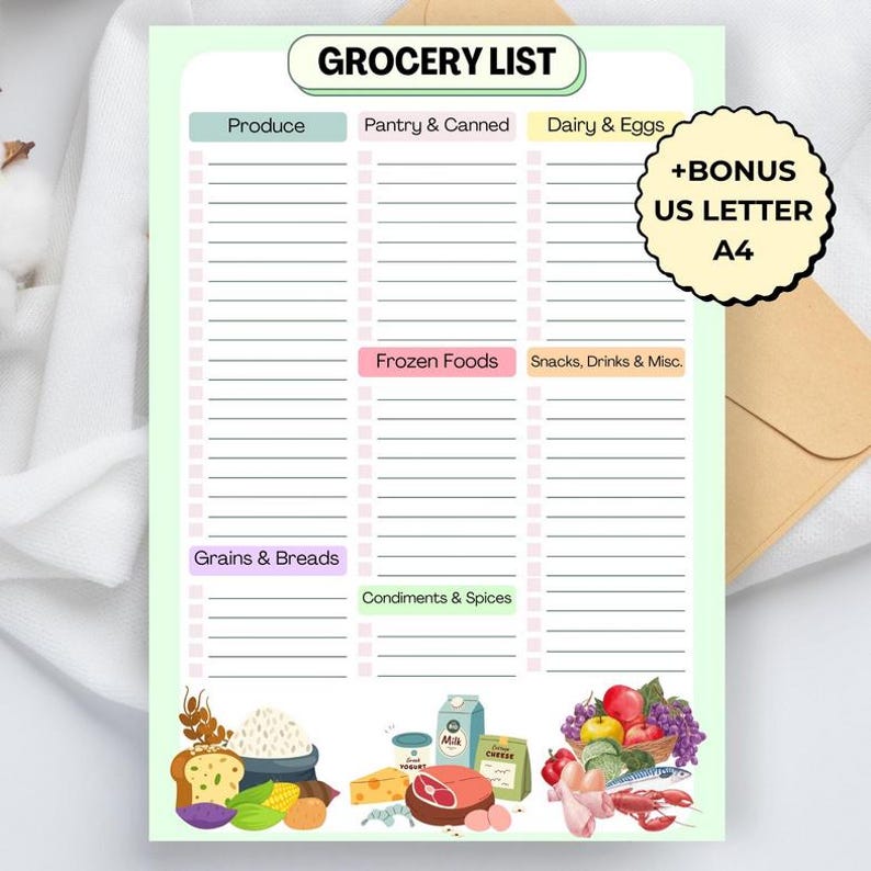 May include: A grocery list notepad with sections for produce, pantry, dairy, frozen foods, snacks, grains, and condiments. The notepad includes the text "GROCERY LIST" and "+BONUS US LETTER A4". Colorful illustrations of food items are at the bottom.