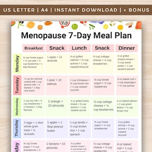 Puede incluir: Un plan de comidas imprimible y colorido para una dieta de menopausia de 7 días. El plan incluye opciones de desayuno, merienda, almuerzo, merienda y cena. El texto en la parte superior dice "US LETTER | A4 | INSTANT DOWNLOAD | + BONUS".