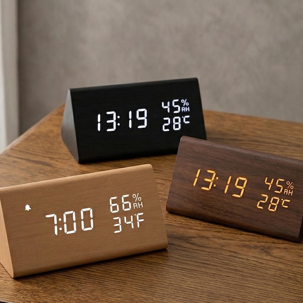 Reloj despertador digital minimalista de madera - Reloj de escritorio triangular LED con temperatura y humedad