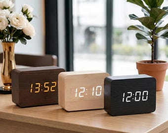 Réveil numérique LED en bois / Horloge de bureau et de chevet moderne et minimaliste / Affichage 12/24H / Décoration de bureau à domicile