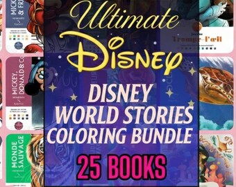 Paquete de libros para colorear de Disney World Stories, 25 libros en PDF, colorear misterioso por números, descarga digital imprimible para niños y adultos, arteterapia