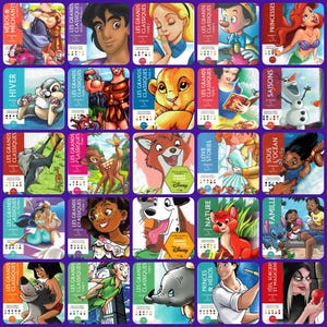 Puede incluir: Una colecci&oacute;n de libros de Disney "Les Grands Classiques", con varios personajes animados como Aladdin, Bambi y Ariel. Cada libro tiene una portada colorida con texto e ilustraciones en franc&eacute;s, mostrando diferentes temas e historias.