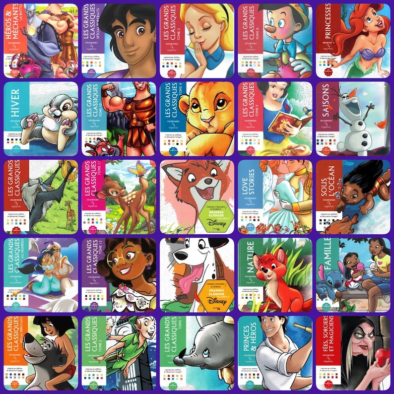 Puede incluir: Una colecci&oacute;n de libros de Disney "Les Grands Classiques", con varios personajes animados como Aladdin, Bambi y Ariel. Cada libro tiene una portada colorida con texto e ilustraciones en franc&eacute;s, mostrando diferentes temas e historias.