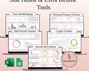 Paquete Ultimate Side Hustle Tracker: Seguimiento de ingresos y gastos para autónomos, cartera de criptomonedas, contabilidad para pequeñas empresas y planificación de deudas.