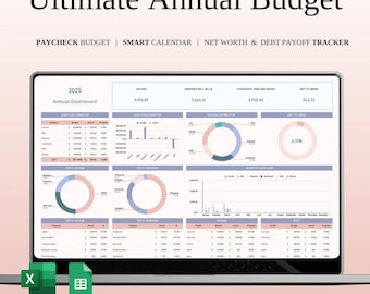 Hoja de cálculo de presupuesto anual definitiva de Google Sheets con planificador de presupuesto, calendario de facturas, seguimiento de pago de deudas, seguimiento de ahorros y seguimiento de patrimonio neto.