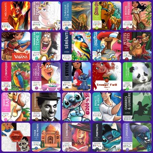 Puede incluir: Una colecci&oacute;n de libros para colorear coloridos con varios temas y personajes. Los libros muestran ilustraciones de personajes de Disney, animales y pinturas famosas. Las portadas muestran t&iacute;tulos en varios idiomas, sobre un fondo morado.