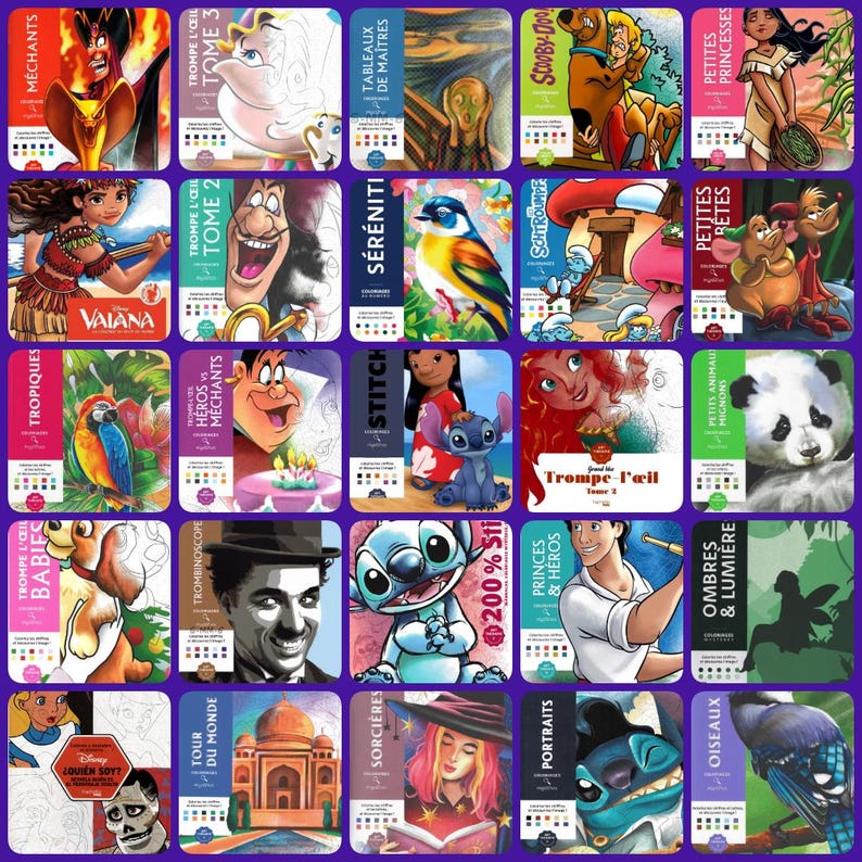 Puede incluir: Una colecci&oacute;n de libros para colorear coloridos con varios temas y personajes. Los libros muestran ilustraciones de personajes de Disney, animales y pinturas famosas. Las portadas muestran t&iacute;tulos en varios idiomas, sobre un fondo morado.