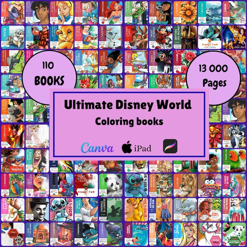 Paquete de libros para colorear de Disney, 13 000 páginas en PDF, libro misterioso para colorear por número, descarga digital, enorme colección de princesas Mickey y Stitch, imprimible. imagen 1