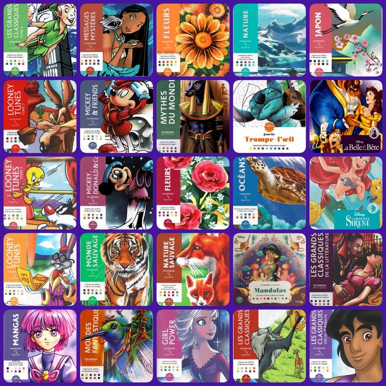 Puede incluir: Una colecci&oacute;n de libros coloridos con varios temas y personajes. Los libros muestran ilustraciones de personajes de Disney, Looney Tunes, flores, escenas de la naturaleza y m&aacute;s. Los t&iacute;tulos incluyen "Mickey & Friends", "Mandalas" y "Girl Power".