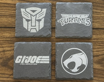 80s Cartoon Slate Coasters | Set of 4 includes holder