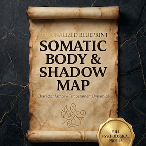 May include: A tan parchment scroll with dark brown text reading The Mystic Blueprint Co., Personalized Blueprint, Somatic Body & Shadow Map, Character Armor, Temperament Dynamics, and a gold seal stating Full Psychological Profile.
