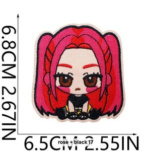May include: Embroidered patch featuring a cartoon girl with pink hair and a black outfit. The patch measures 2.67 inches high and 2.55 inches wide. The text "rose + black 17" is printed on the bottom.