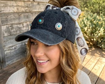 Black Denim Adjustable Western Hat With Silk Bow