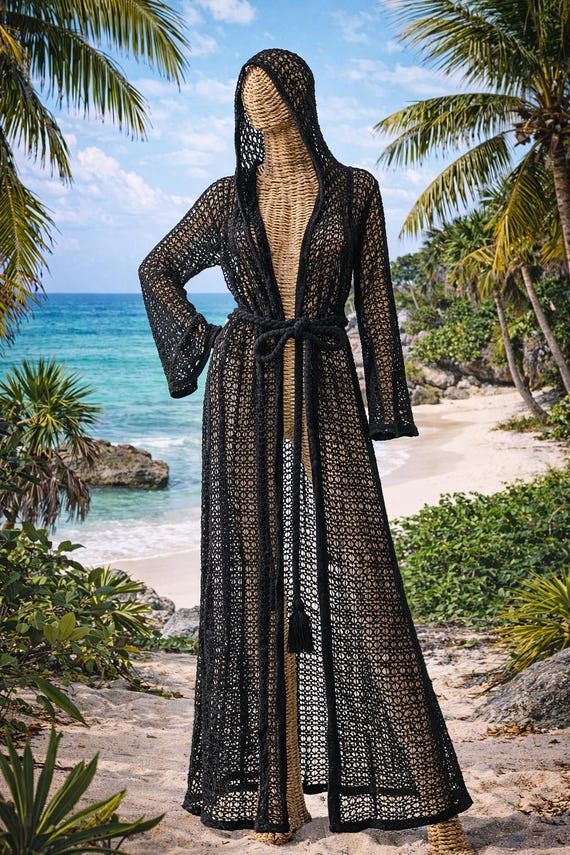Black Crochet Beach Cover Up Dress with Hood – Long Boho Beach Robe – Sheer Lace Swim Cover Up – Festival Kimono – Resort Wear Women