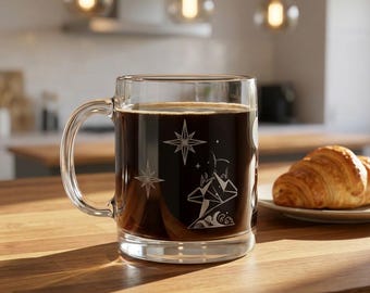 Minimal Mountain Line Art Coffee Mug | Glass Engraved 12oz