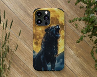 Funda para iPhone con diseño de lobo aullando a la luna / Diseño celestial biodegradable