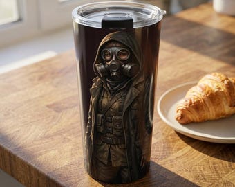 Gas Mask Tumbler, Post Apocalyptic Travel Mug, Hooded Soldier Cup