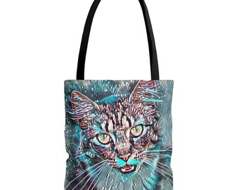 Bolso tote con cara de gato psicodélico / Estampado integral