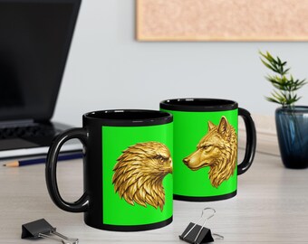 Golden Wolf and Eagle Art Mug | Black Ceramic Mug