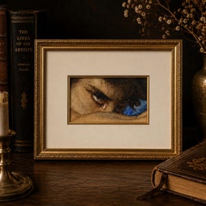 May include: A cross-stitch embroidery depicting a close-up of a human eye with a single tear, framed in a rectangular gold frame with an off-white mat. The artwork features dark tones, skin-coloured threads, and a small patch of bright blue.