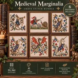 Puede incluir: Un conjunto de punto de cruz Medieval Marginalia con seis patrones enmarcados que incluyen un conejo, un caballero contra un caracol, un gato, un perro, un dragón y un unicornio. El texto dice Medieval Marginalia Cross Stitch Bundle.