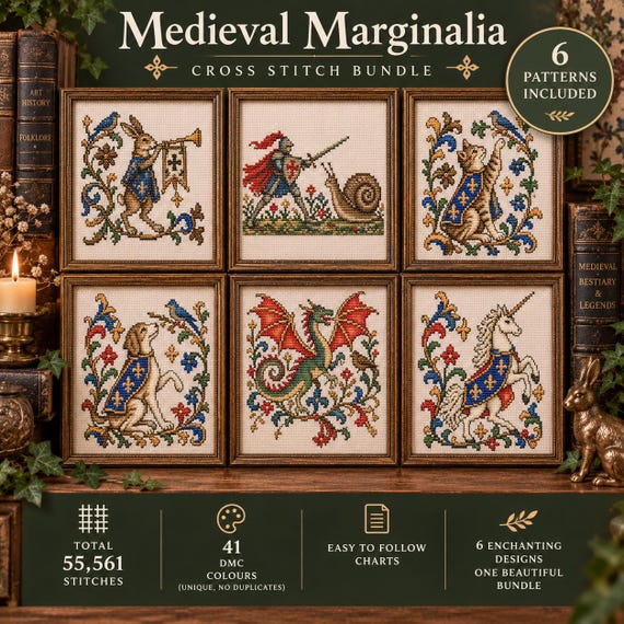 Medieval Marginalia Cross Stitch Bundle, 6 PDF Patterns (Unicorn, Dragon, Knight, Snail, Dog, Cat)