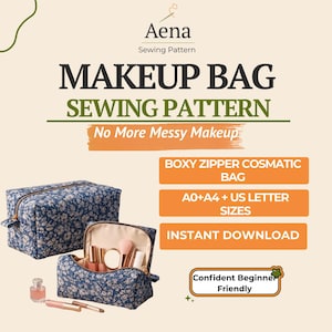 May include: Aena makeup bag sewing pattern. The image shows two blue floral print makeup bags, one open and one closed. The open bag displays makeup items. Text on the image includes "Boxy Zipper Cosmetic Bag" and "Instant Download."