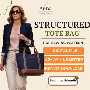Structured Tote Bag Sewing Pattern PDF | Lined with Pocket, Multi-Size (Mini-XL)