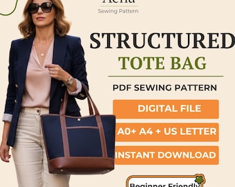 Structured Tote Bag Sewing Pattern PDF | Lined with Pocket, Multi-Size (Mini-XL)