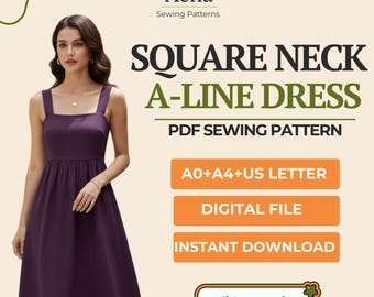 A-Line Dress Sewing Pattern | Square Neck, Beginner Friendly (PDF Download) XXS-XL