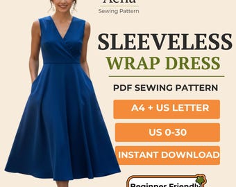 Sleeveless Wrap Dress Sewing Pattern | V-Neck Midi, US 0-30 (PDF)