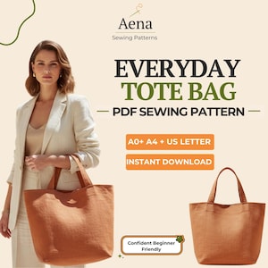 May include: Image of a tote bag sewing pattern. The image features a woman holding a brown tote bag, with a smaller version of the bag on the right. Text on the image reads "EVERYDAY TOTE BAG - PDF SEWING PATTERN".