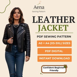 Op de afbeelding: Zwarte leren jas met een gewatteerd ontwerp op de schouders en mouwen. De afbeelding toont ook de tekst "LEATHER JACKET" en "PDF SEWING PATTERN". Het patroon is verkrijgbaar in maten XS-3XL.