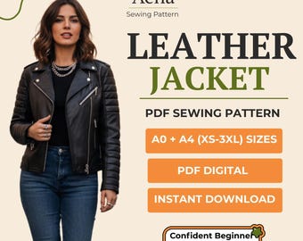 Leather Biker Jacket Sewing Pattern | Asymmetrical Zip, Quilted Sleeves (PDF A4 + A0, XS–3XL)