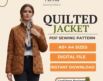 Quilted Jacket Sewing Pattern PDF | Button-Front Quilted Coat w Pockets | XS–XL | A4 & A0