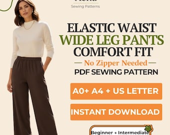 Wide Leg Pants Sewing Pattern | Elastic Waist Trousers XS-XL (PDF Download A0 A4 Letter)