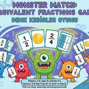 Op de afbeelding: Een kleurrijk educatief spel genaamd "Monster Match: Equivalent Fractions Game". De afbeelding toont cartoonmonsters die breukkaarten vasthouden. Het spel is ontworpen voor spelers van 8 jaar en ouder. De tekst bevat "Players: 2-6 | Age: 8+ (Grade 3+)".