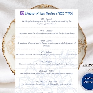 Passover Seder Cheat Sheet Printable, Toile Order of the Seder Guide, Jewish Holiday Table Guide, Seder Steps Printable, Pesach Cheat Sheet