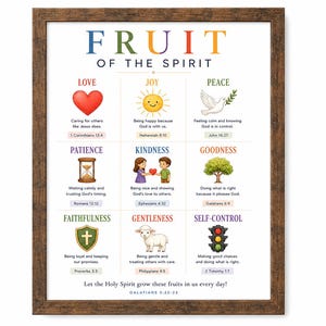 May include: A framed wall art print titled Fruit of the Spirit, featuring nine colourful illustrations representing virtues like love, joy, and peace, each with a corresponding Bible verse and descriptive text, all set within a dark brown wood frame.