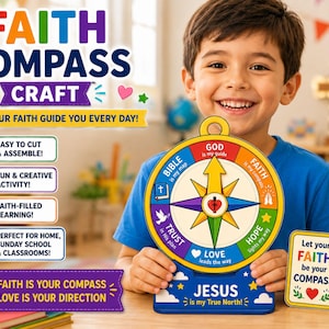May include: A colorful Faith Compass craft kit featuring a circular compass design with segments labeled Bible, God, Faith, Hope, Love, and Trust. The base includes the text Jesus is my True North, and a small card reads Let your FAITH be your COMPASS.
