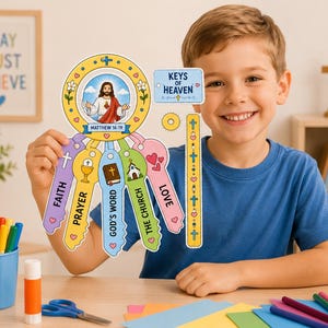 Pode incluir: Um conjunto de artesanato em papel intitulado Keys of Heaven com uma ilustração circular de Jesus e o texto Matthew 16:19. Inclui cinco recortes coloridos em forma de chave rotulados Faith, Prayer, God's Word, The Church e Love, e uma tira.