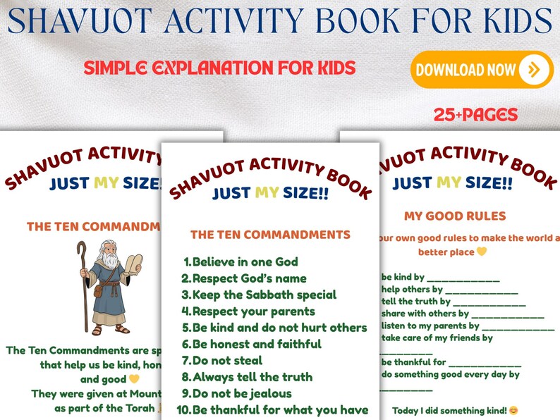 Shavuot Guide for Kids Printable, Jewish Holiday Worksheets, Torah ...