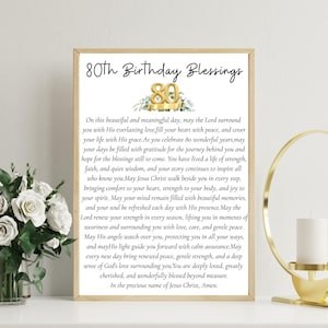 May include: A framed print with the text "80th Birthday Blessings" in black script. The print includes a gold-colored "80" graphic and a heartfelt message. The frame is a light brown color.