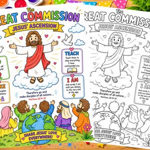 May include: Two colouring pages featuring The Great Commission and Jesus' Ascension. One page is fully coloured, the other is black and white line art. Both depict Jesus ascending above a globe with disciples, clouds, doves, and text boxes with verses.