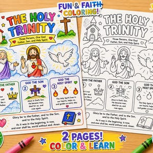 May include: Two coloring pages titled "The Holy Trinity" with illustrations of religious figures, a church, a cross, and a dove. The pages include text and are surrounded by colorful crayons. The text reads "Fun & Faith Coloring!"