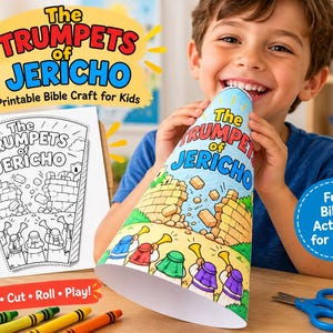 May include: A printable Bible craft for kids titled The Trumpets of Jericho. The craft features a cone-shaped paper trumpet with a colourful illustration of people blowing trumpets at crumbling walls, alongside a black and white colouring page version.