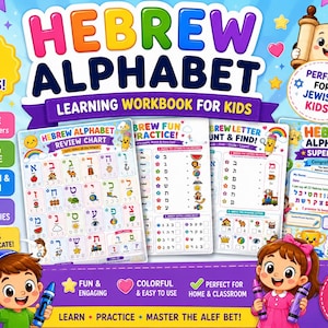 Op de afbeelding: Een Hebreeuws alfabet-leerwerkboek voor kinderen met 8 pagina's aan educatieve activiteiten. De omslag toont kleurrijke illustraties van kinderen, een Torarol en Hebreeuwse letters. Tekst bevat 'HEBREW ALPHABET', 'LEARN', 'PRACTICE' en 'MASTER THE ALEF BET'.