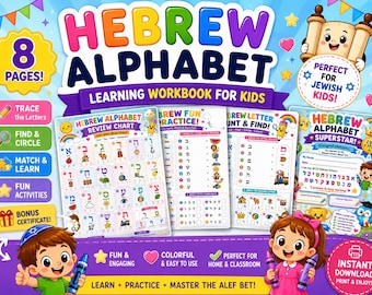Peut inclure: Un cahier d'exercices d'apprentissage de l'alphabet hébreu pour enfants comprenant 8 pages d'activités éducatives. La couverture présente des illustrations colorées d'enfants, un rouleau de Torah et des lettres hébraïques. Texte : 'HEBREW ALPHABET'.